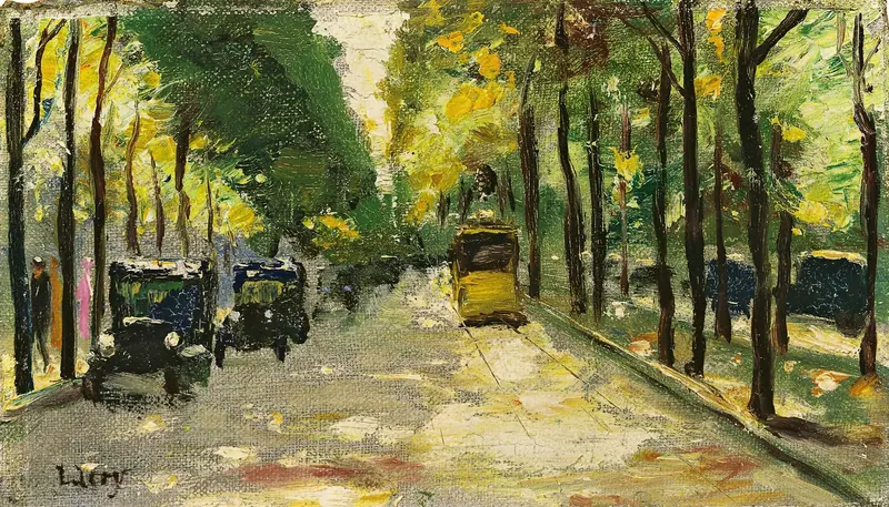 Genre scene depicting a sunlit street with cobblestones by Lesser Ury.