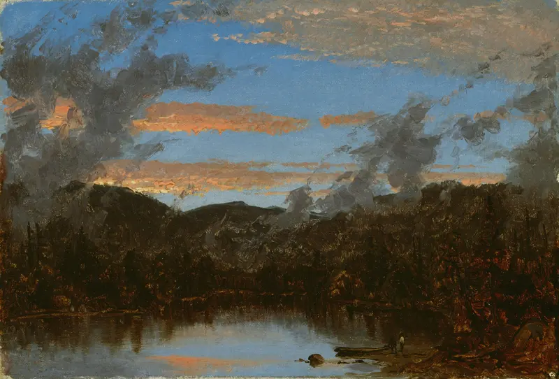 Landscape with mist rising at sunset, oil on canvas by Sanford Robinson Gifford
