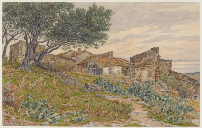 Watercolour by Henri Rivière depicting village houses in a landscape