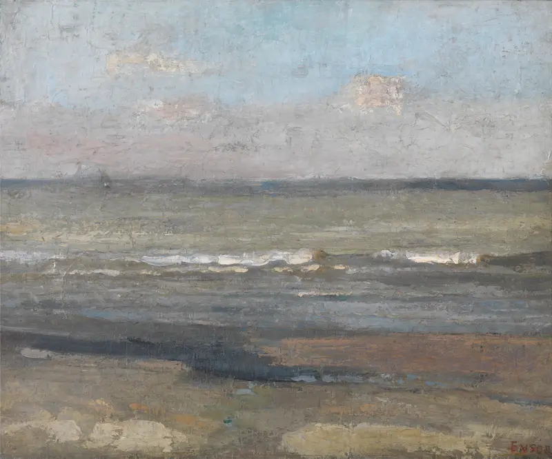 Grey Seascape by James Ensor, oil painting depicting a blurred horizon in grey tones