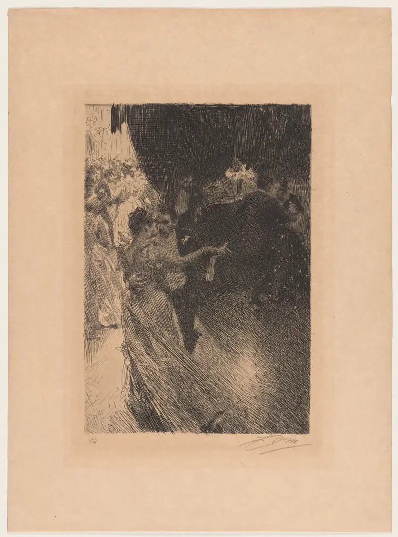 A lively depiction of a couple dancing in a vibrant setting.