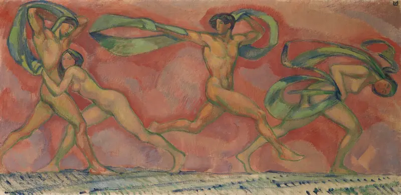 Ludwig von Hofmann's 'Tanzfries' features vibrant colors and dynamic figures in a decorative style.