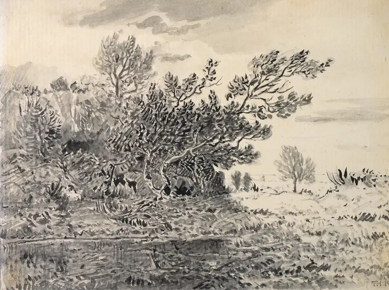 Landscape with a Pond by Théodore Rousseau, oil painting depicting a tranquil pond and trees.