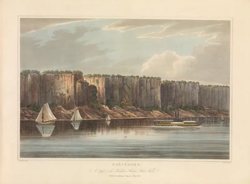 Engraving by John Hill depicting cliffs and a river in The Palisades