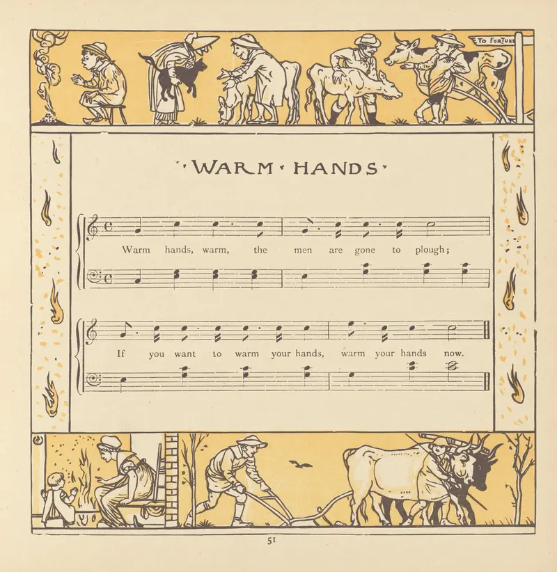 Walter Crane's 'Warm Hands' captures a tender moment between figures.