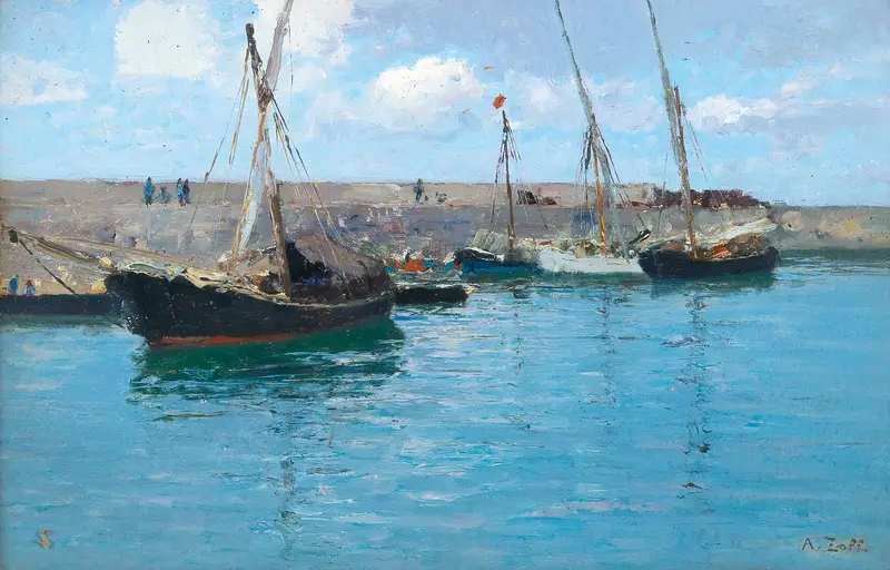 The Landing Pier In Krems by Alfred Zoff, oil on canvas, depicting a serene pier extending into a tranquil river.