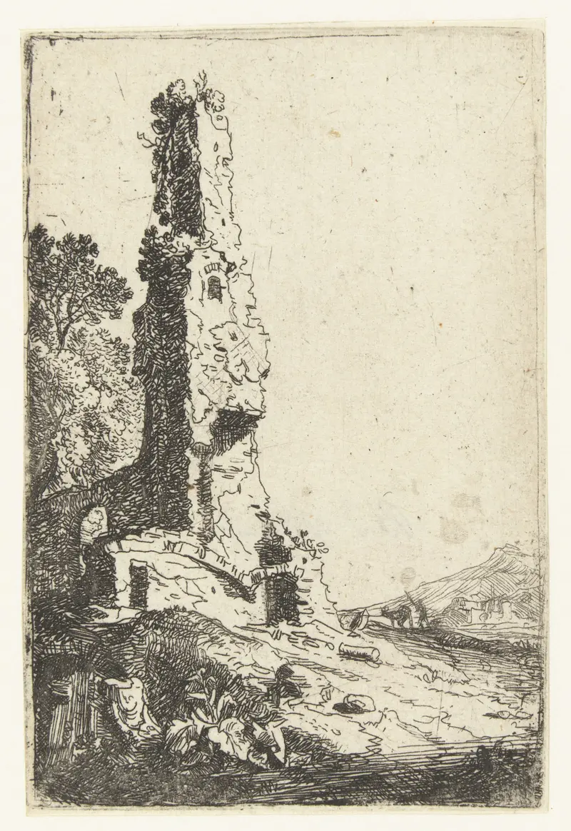 Ruïnes van de stadsmuren van Rome, etching by Bartholomeus Breenbergh, depicting crumbling city walls.