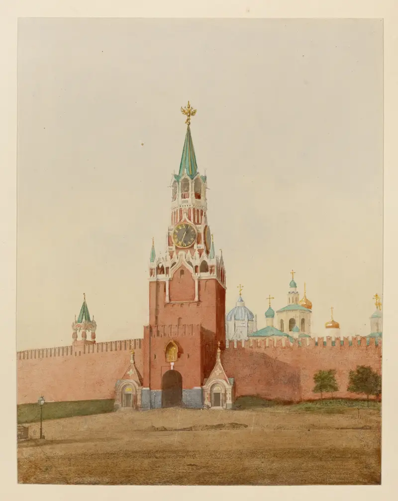 Spasskii vorot v Kremle by J. Daziaro, oil painting depicting dawn light over the Kremlin's architecture.