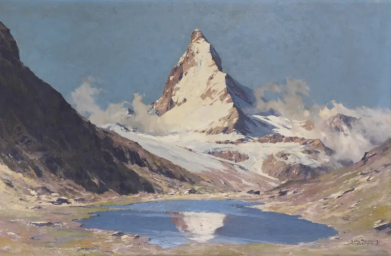 Landscape of Matterhorn vom Riffelsee by Hans Maurus, featuring soft pastels and reflections.