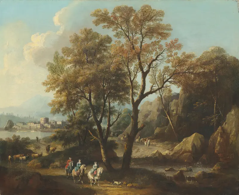A river landscape with travellers on a path, oil on canvas by Giovanni Battista Cimaroli