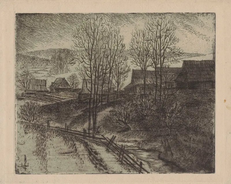 Landscape depicting a mountain village with cottages by Edmund Bartłomiejczyk