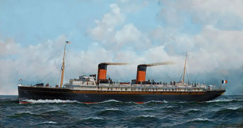 A detailed depiction of the French steamer 'La Provence' cutting through waves with smoke billowing from its funnels.