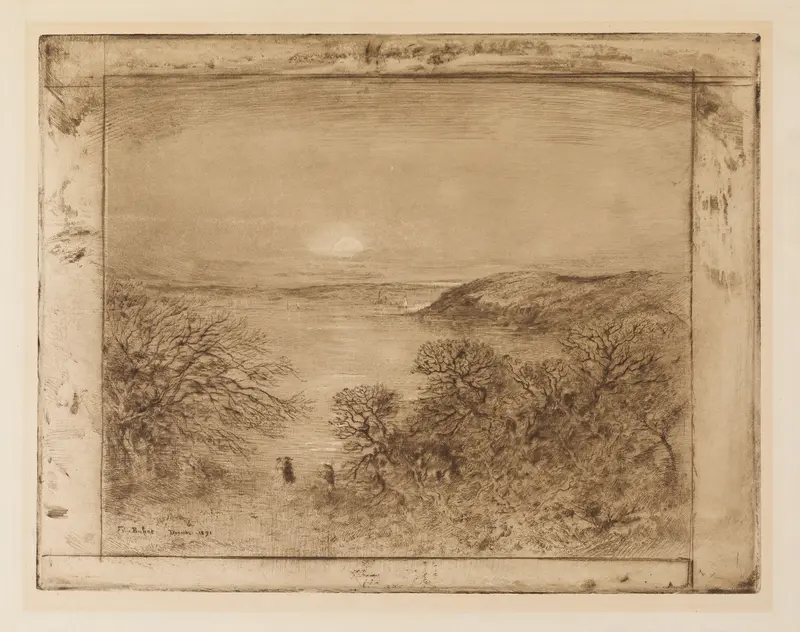 Moonrise at Dinard by Félix Hilaire Buhot, oil painting of a tranquil marine scene.