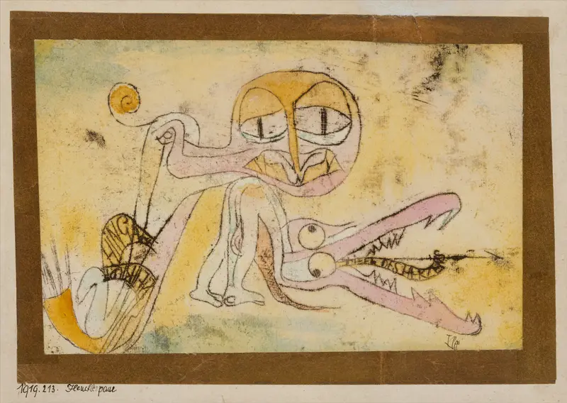 Paul Klee's 'The Hypocrites' features colorful figures representing duality and deception.