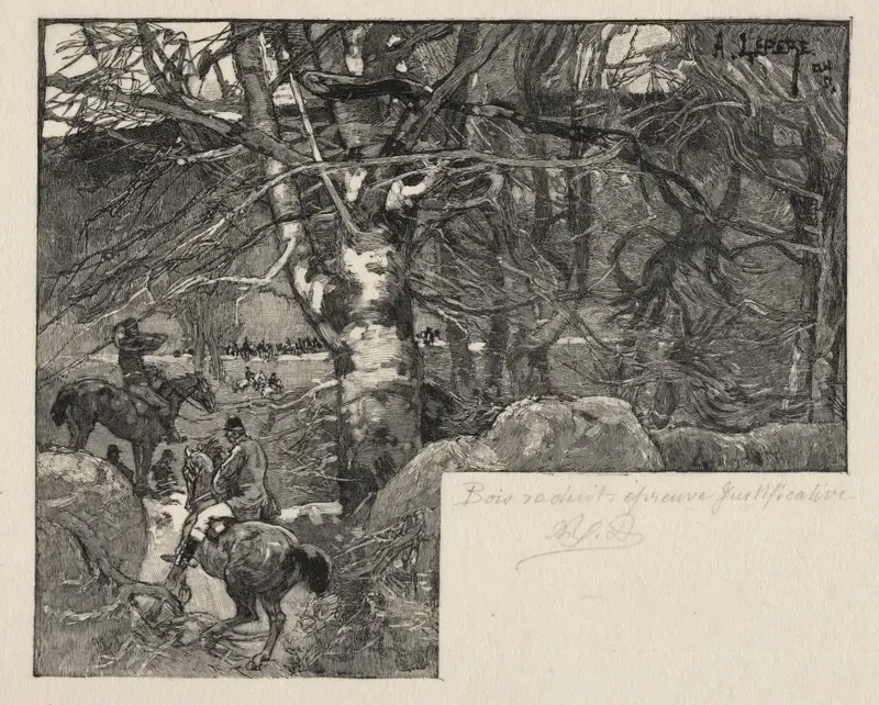 Engraving by Auguste Louis Lepère depicting a hunting scene in a forest landscape