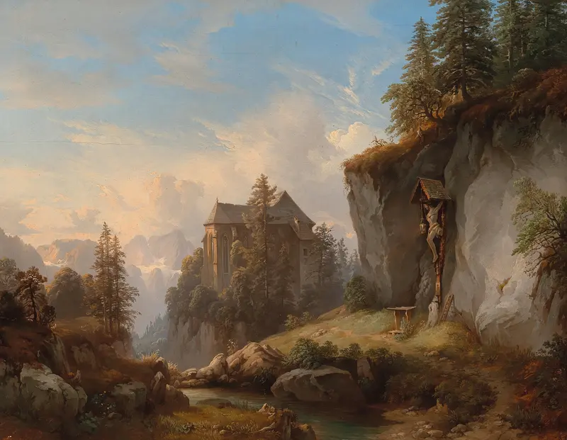 A mountain landscape with a chapel and wayside shrine, oil painting by Franz Barbarini