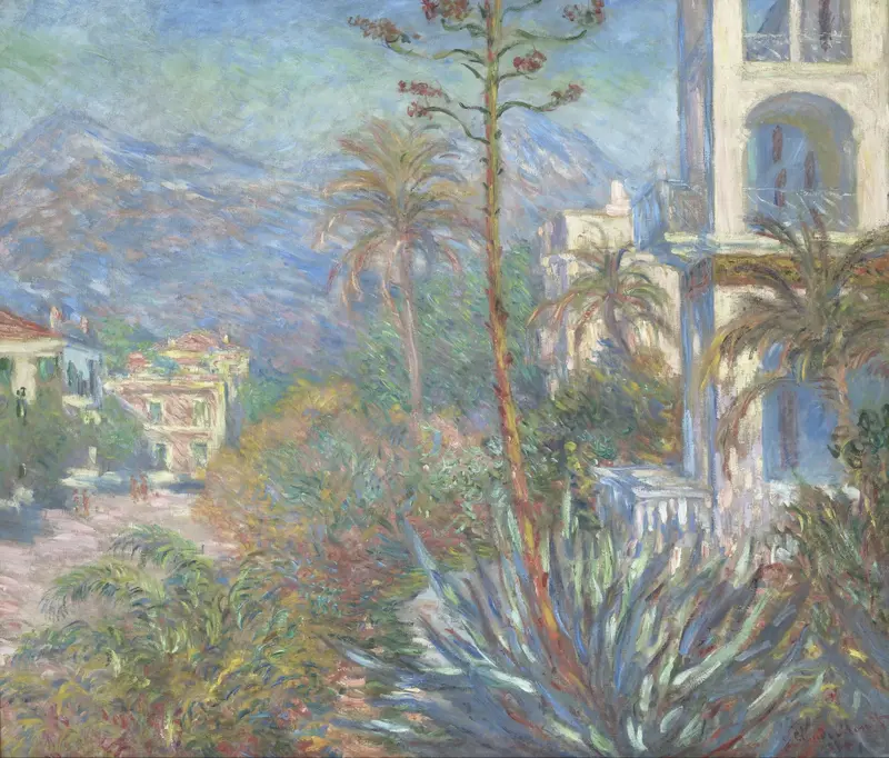 Villas at Bordighera by Claude Monet, oil painting depicting a Mediterranean landscape with vibrant sky.