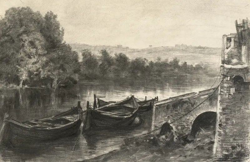 Boats by a Stone River Landing, oil painting by Maxime Lalanne