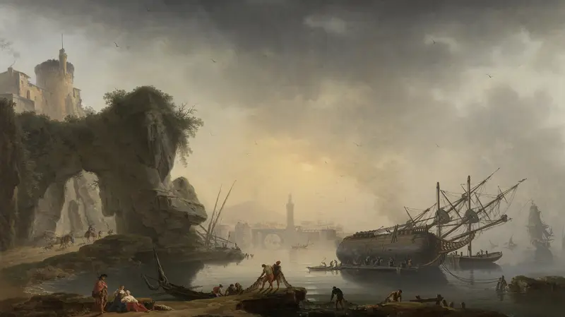 Rococo landscape by Charles-François Grenier De Lacroix, depicting a southern coastline at dawn.