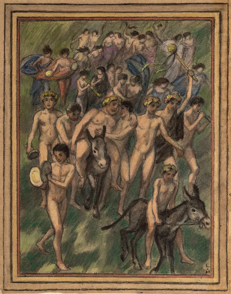 A vibrant depiction of Bacchus and revelers in a lush landscape.