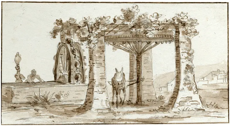 Genre scene depicting a water well with mechanisms, by Otto Howen