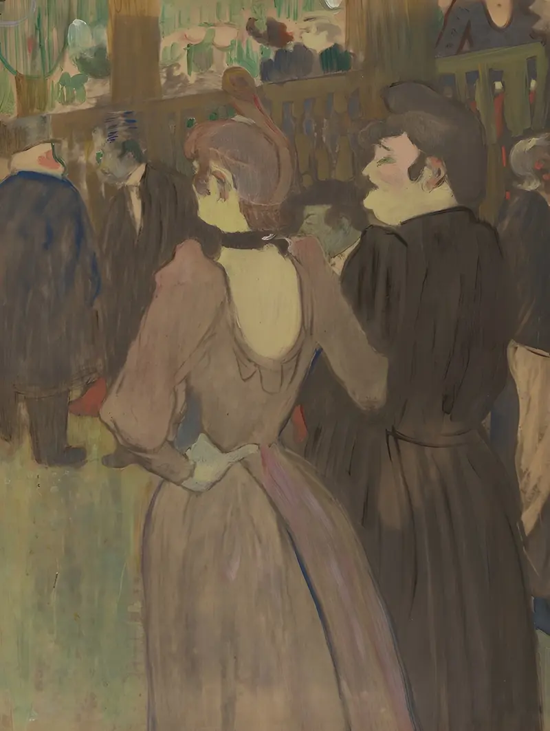 Henri de Toulouse-Lautrec's painting features La Goulue and her sister in a lively Parisian setting.