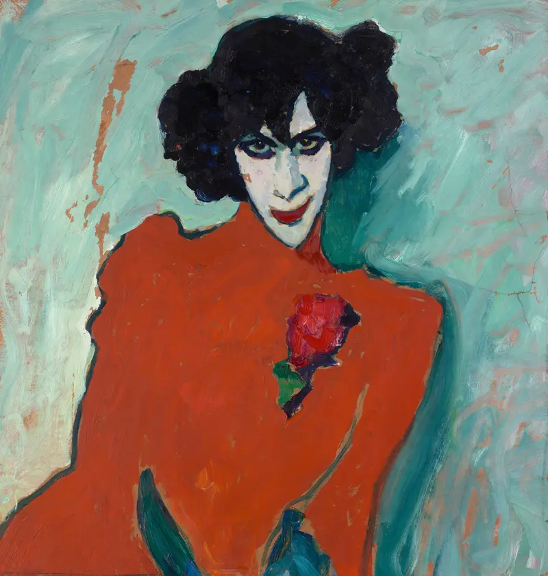 A vivid portrait of Alexander Sakharoff in an orange-red garment with a rose, set against a colorful turquoise and green background.