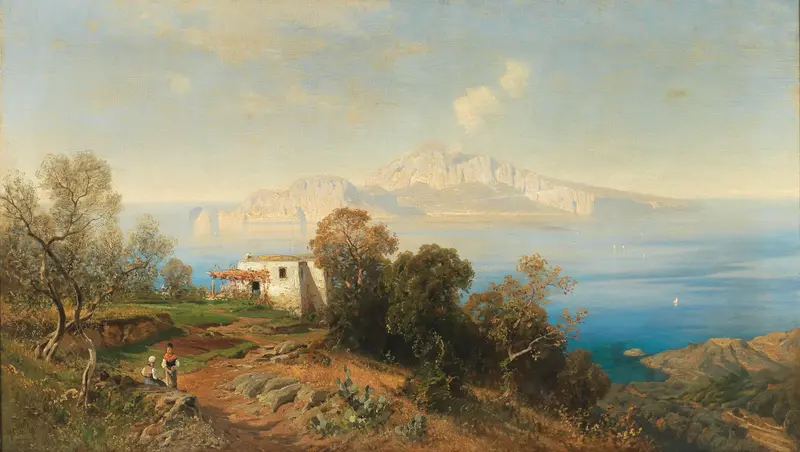 A View Of Capri by Ascan Lutteroth, oil on canvas depicting cliffs, azure waters, and golden light.