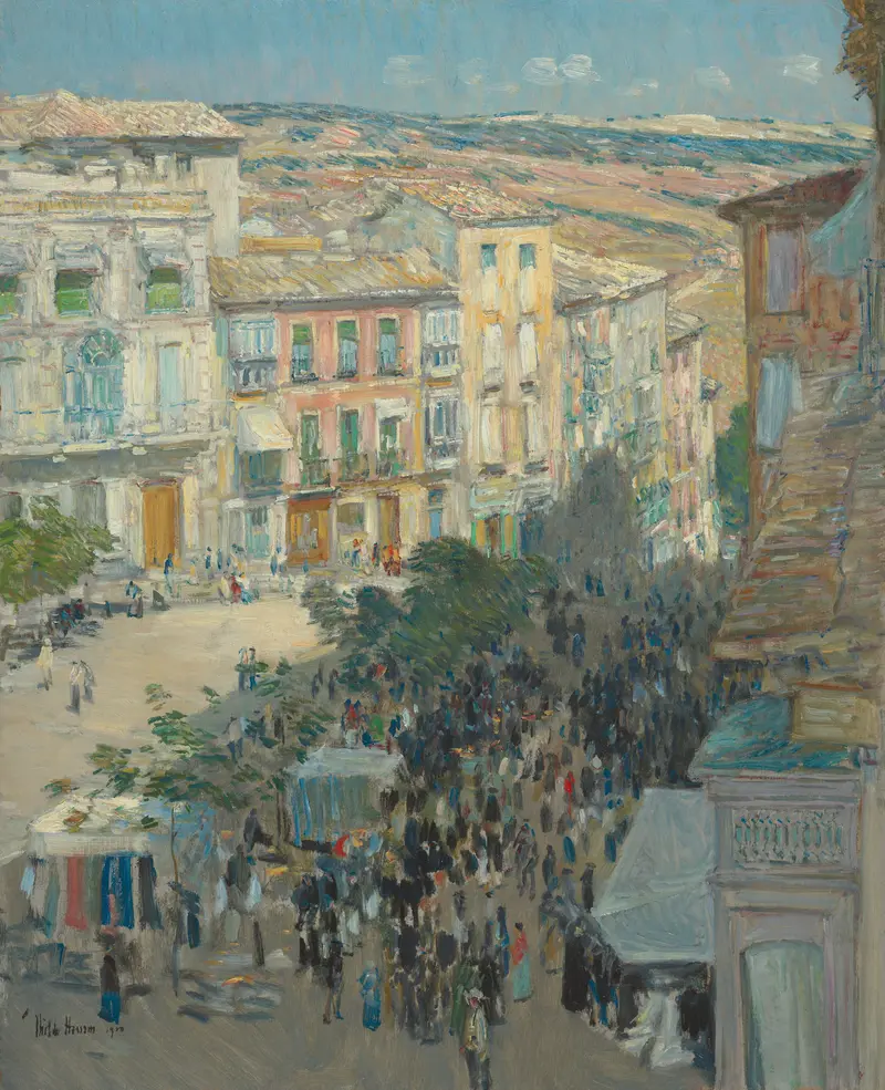 View of a Southern French City by Childe Hassam, oil on canvas, featuring colorful buildings and light.