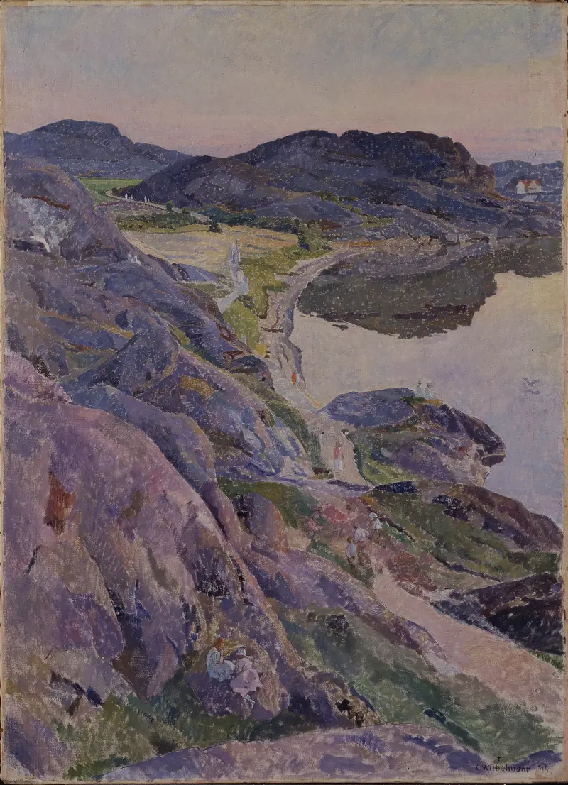The Bögevik Road by Carl Wilhelmson, oil on canvas showing a winding road through lush greenery.