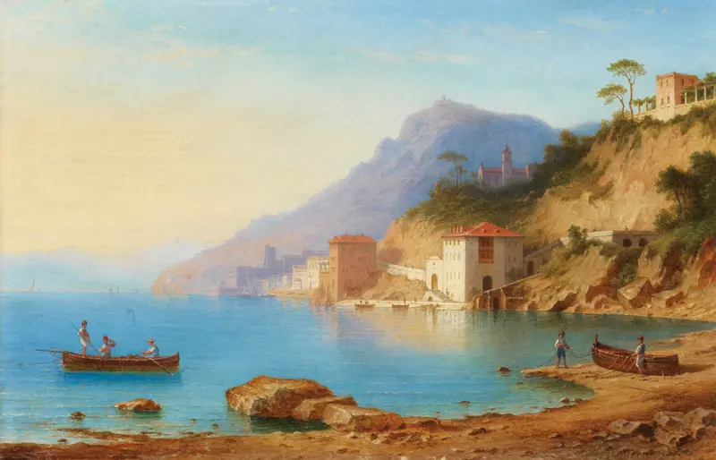 View Of The Amalfi Coast, oil on canvas by Carl Ernst Morgenstern, depicting cliffs and the Mediterranean.