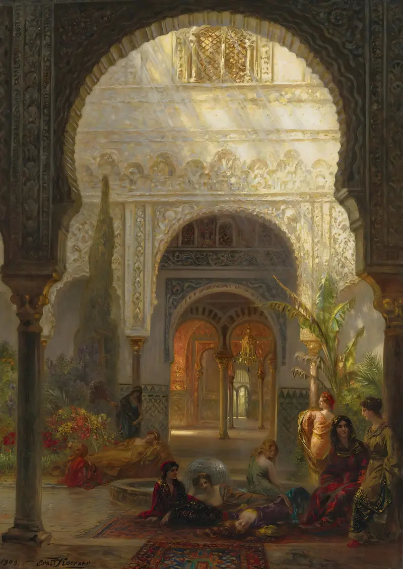 The Patio Della Reina, an impressionist work by Ernest Karl Eugen Koerner, featuring a sunlit courtyard.