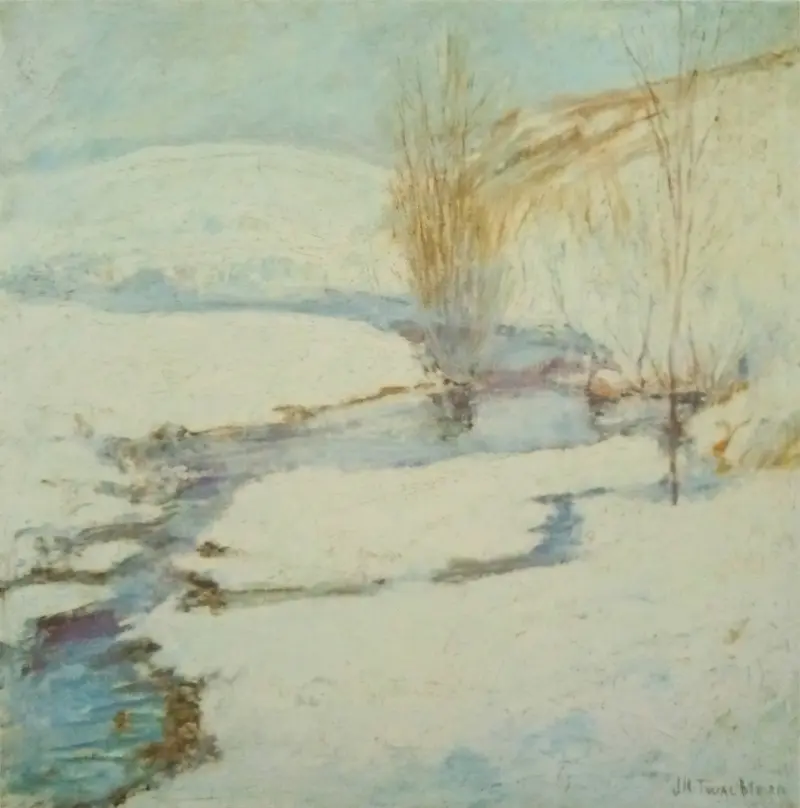 Winter landscape with snow and ethereal sky, oil painting by John Henry Twachtman