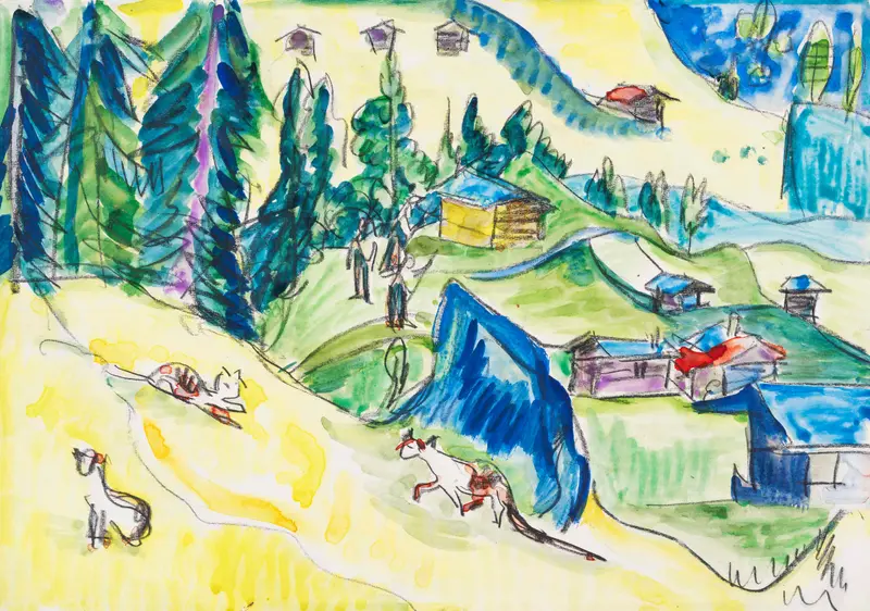 Expressionism landscape by Ernst Ludwig Kirchner, featuring mountains, huts, and cats.