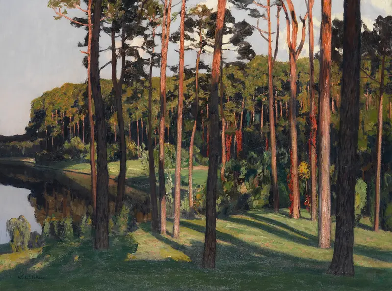 Märkische Landschaft by Walter Leistikow, oil on canvas depicting a tranquil landscape with soft greens and gentle sky.