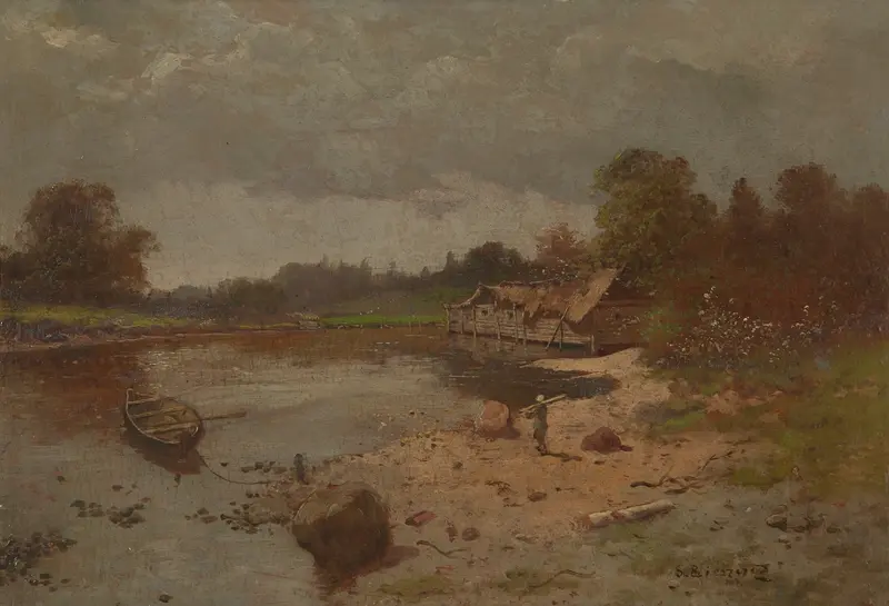 Landscape with a Pond by Seweryn Bieszczad, oil painting depicting a tranquil pond surrounded by soft hues of nature.