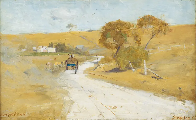 Landscape with rolling hills and golden light, oil painting by Arthur Streeton