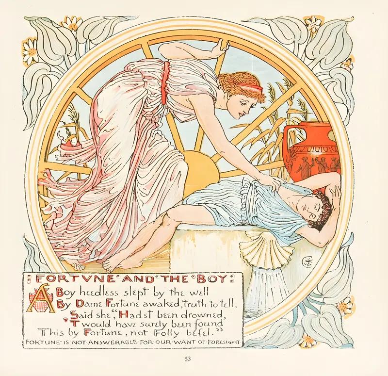 Walter Crane's 'Fortune and the Boy' depicts a young boy interacting with the personification of Fortune.