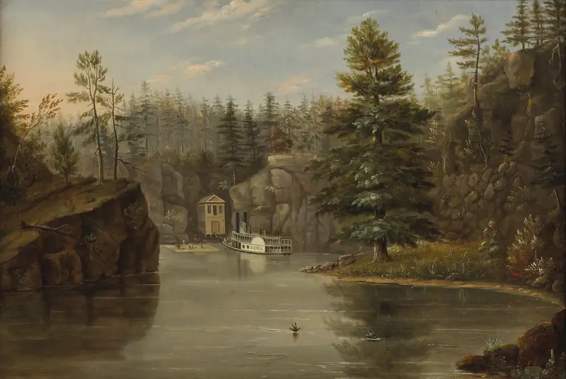 Gorge of the St. Croix by Henry Lewis, oil on canvas depicting cliffs at twilight.