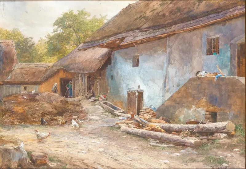 Niederösterreichischer Bauernhof by Hugo Darnaut, realism, depicting a farmhouse in a vibrant landscape.
