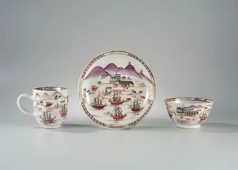 Cup with handle featuring Dutch ships in Table Bay, porcelain, unknown artist