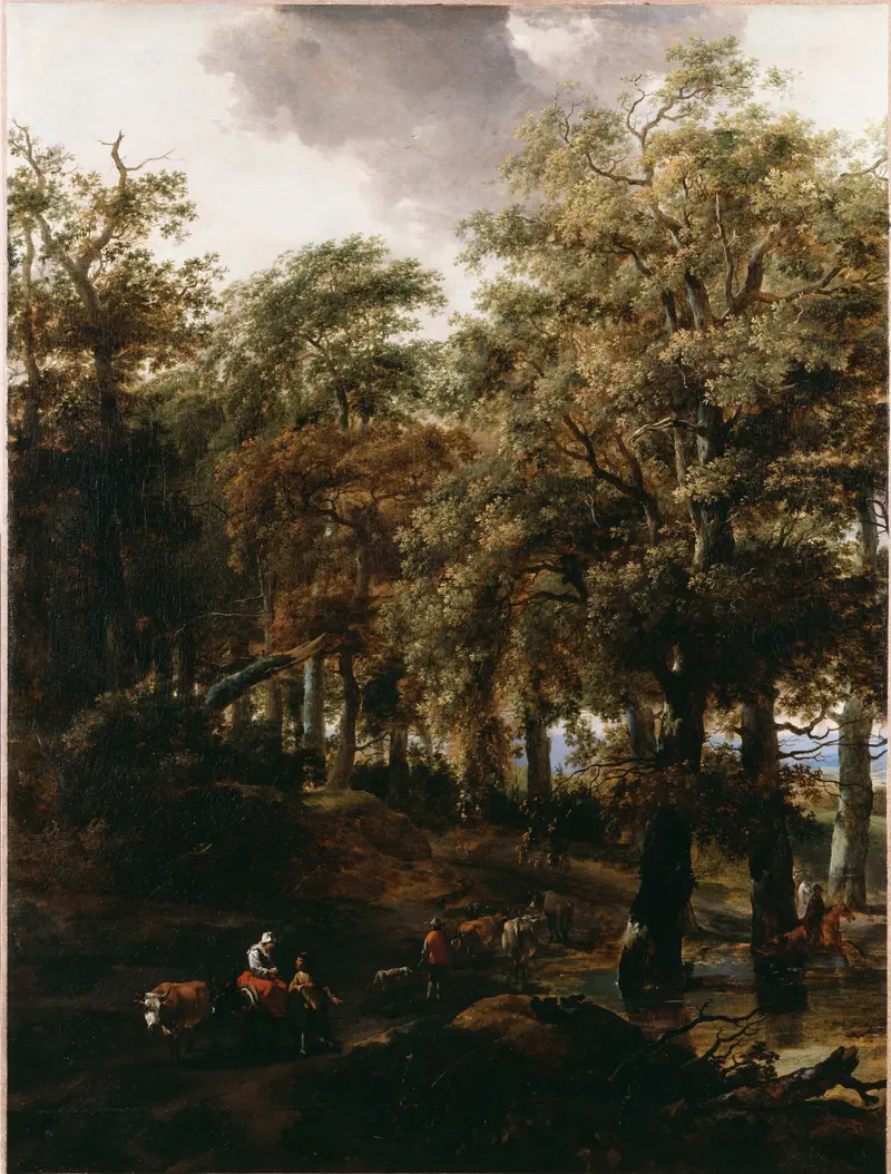 A Road through a Wood by Nicolaes Pietersz Berchem, oil painting depicting a serene woodland path.