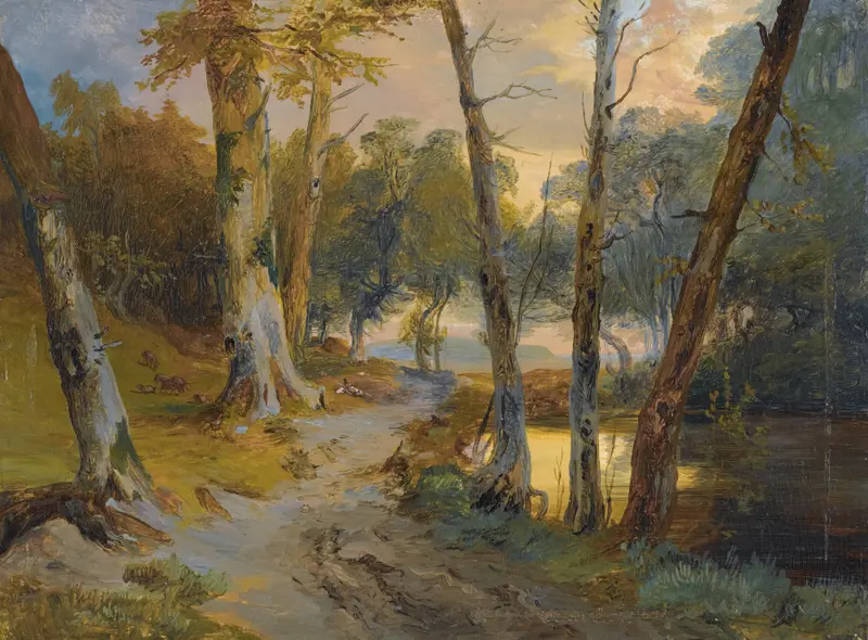 Wald Mit Kleinem Weiher by Carl Blechen, oil on canvas depicting a serene forest pond.