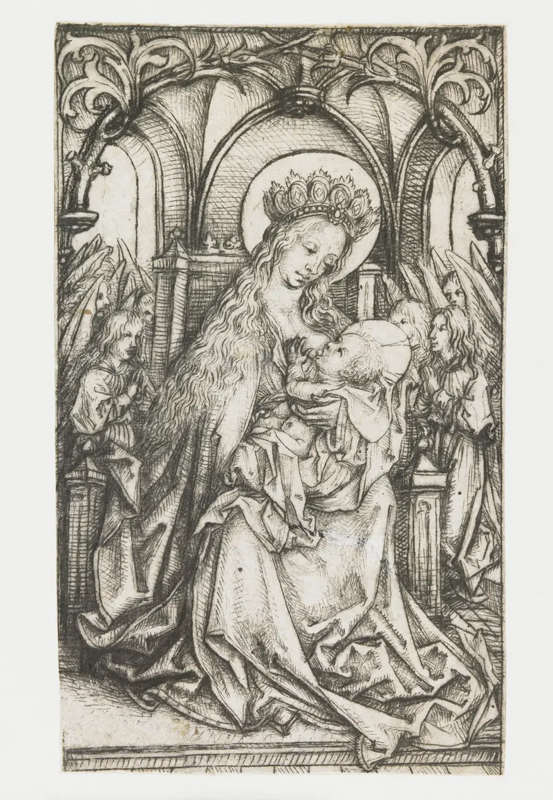 Religious drypoint by Meester van het Amsterdamse Kabinet depicting Madonna and angels.