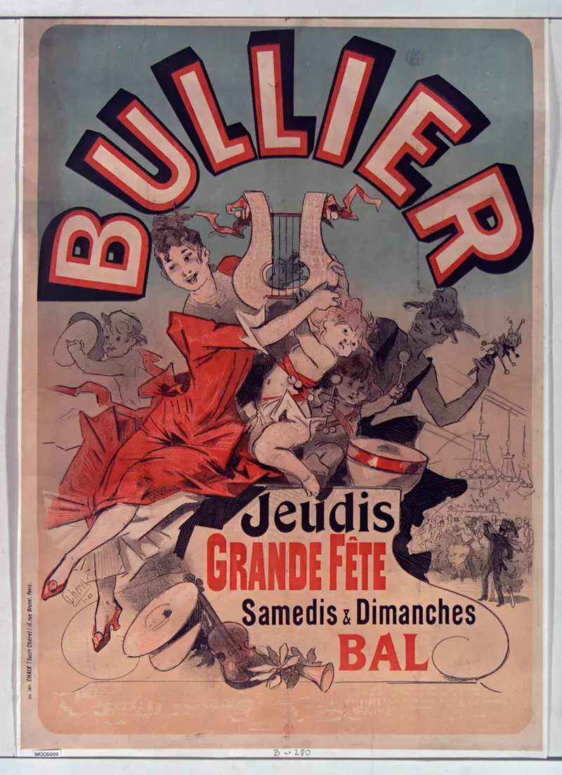 A vibrant poster depicting a festive scene with dancing figures.