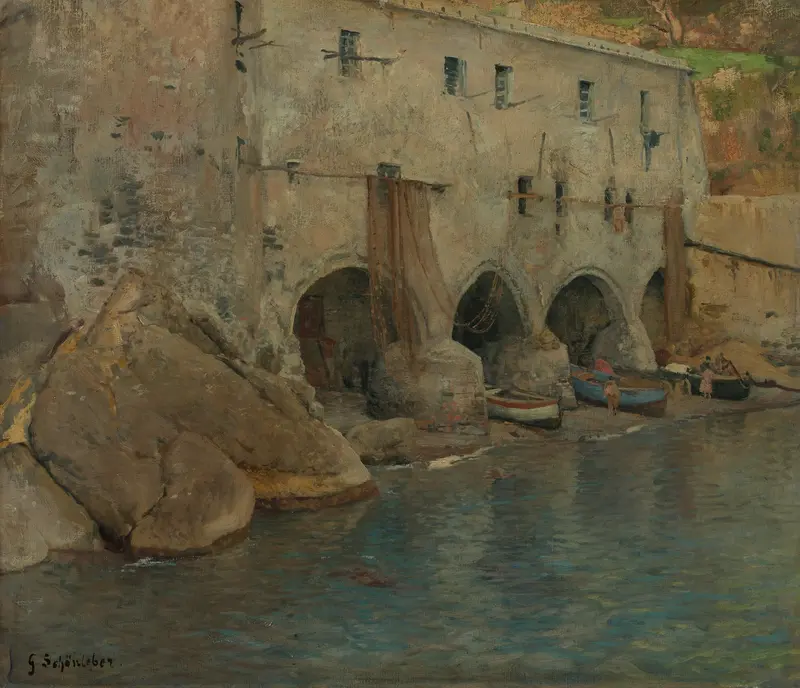San Fruttuoso by Gustav Schönleber, oil on canvas, depicting tranquil waters and a coastal village.