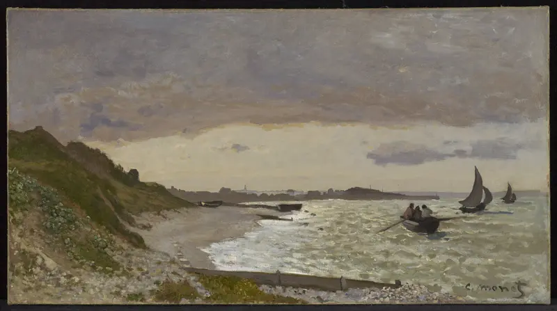 The Seashore at Sainte-Adresse by Claude Monet, oil on canvas, features boats on water under a summer sky.
