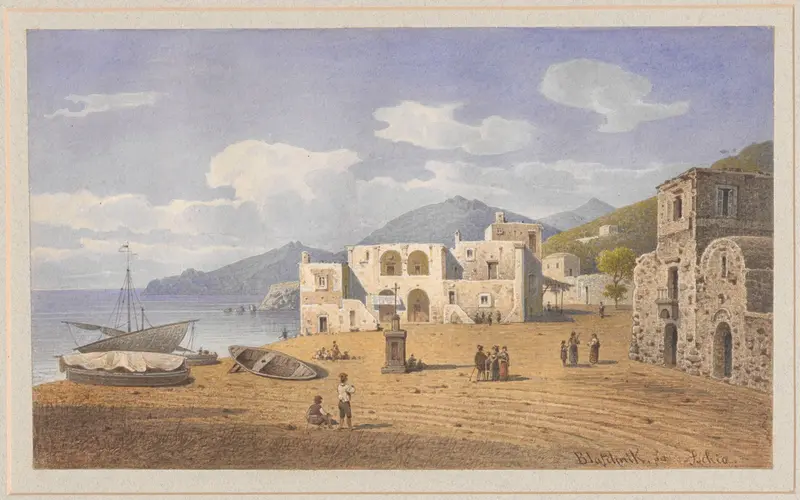 Marine scene depicting a quay in Lacco Ameno, oil painting by Arthur Blaschnik