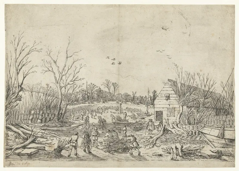 Herstelwerkzaamheden aan de doorgebroken Lekdijk bij 't Waal, etching by Esaias van de Velde