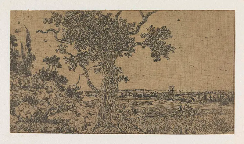 Landscape with an oak tree and stormy sky, etching by Hercules Segers